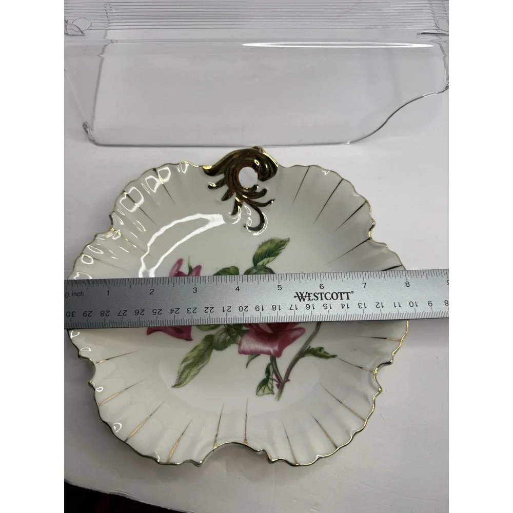 Vintage Hanging Scalloped Edge Floral‎ Dish Roses Gold Trim White Porcelain